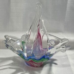 Vintage Hand Blown Art Glass Basket Multi Color Swirl Pink Blue Green 8x7 Inch